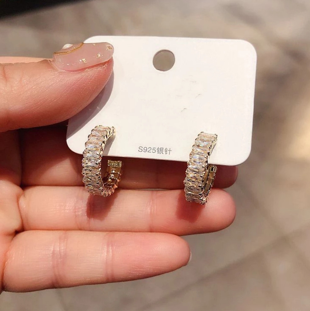 NEW Yellow Gold Baguette Small Diamond Hoops - Picture 5 of 8
